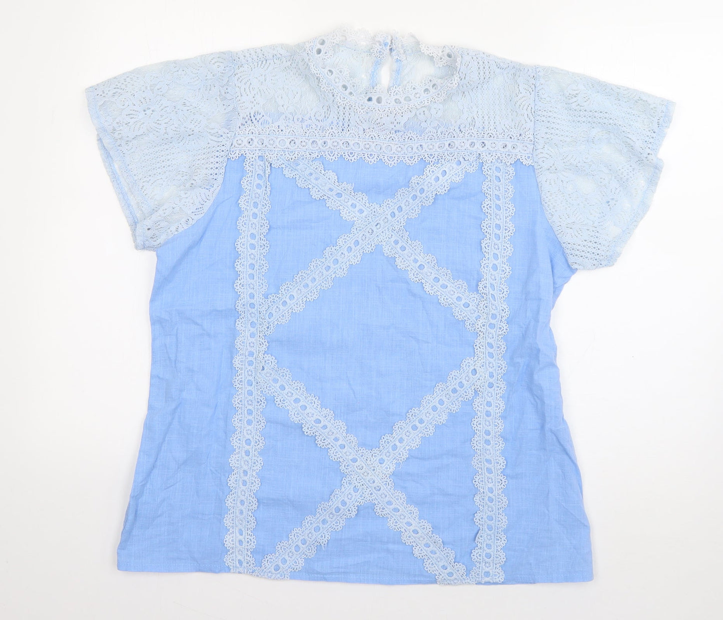 Preworn Womens Blue  Cotton Basic Blouse Size XL Round Neck - crochet detail