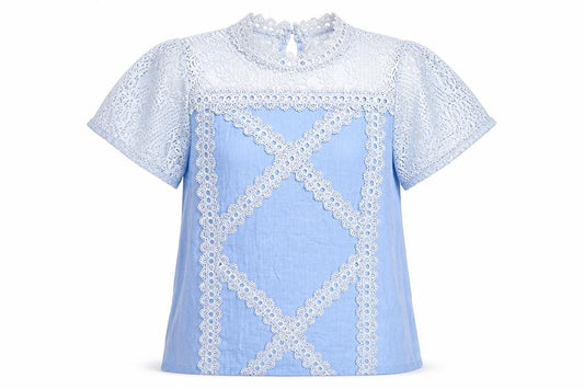 Preworn Womens Blue  Cotton Basic Blouse Size XL Round Neck - crochet detail