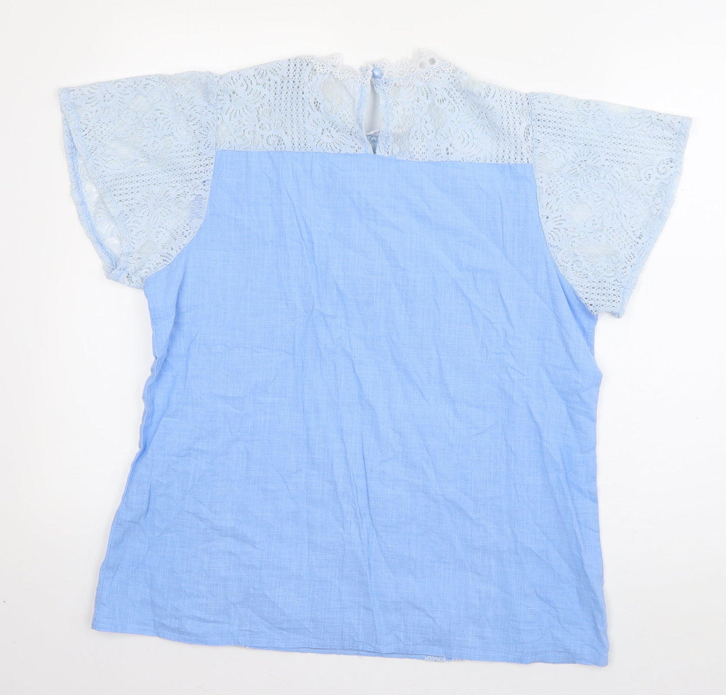Preworn Womens Blue  Cotton Basic Blouse Size XL Round Neck - crochet detail