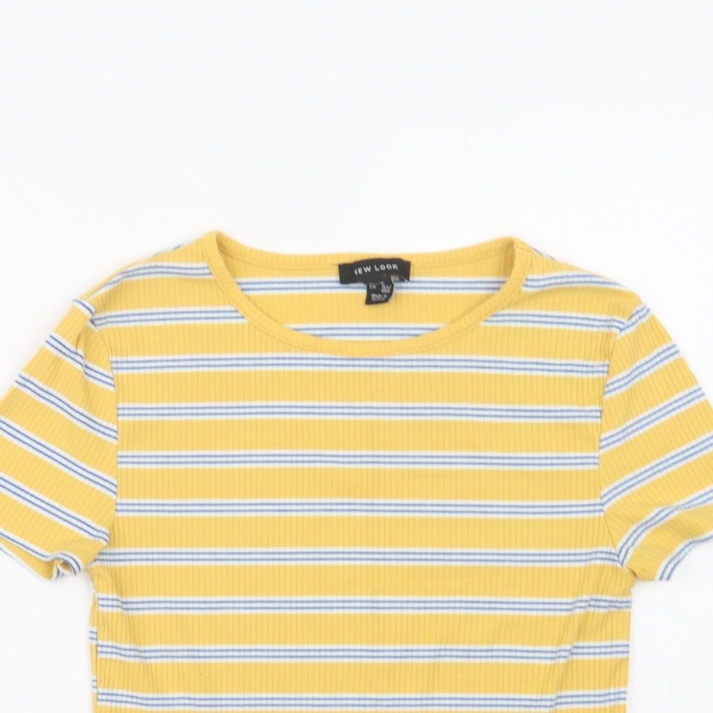 New Look Womens Yellow Striped Polyester Basic Blouse Size 10 Crew Neck