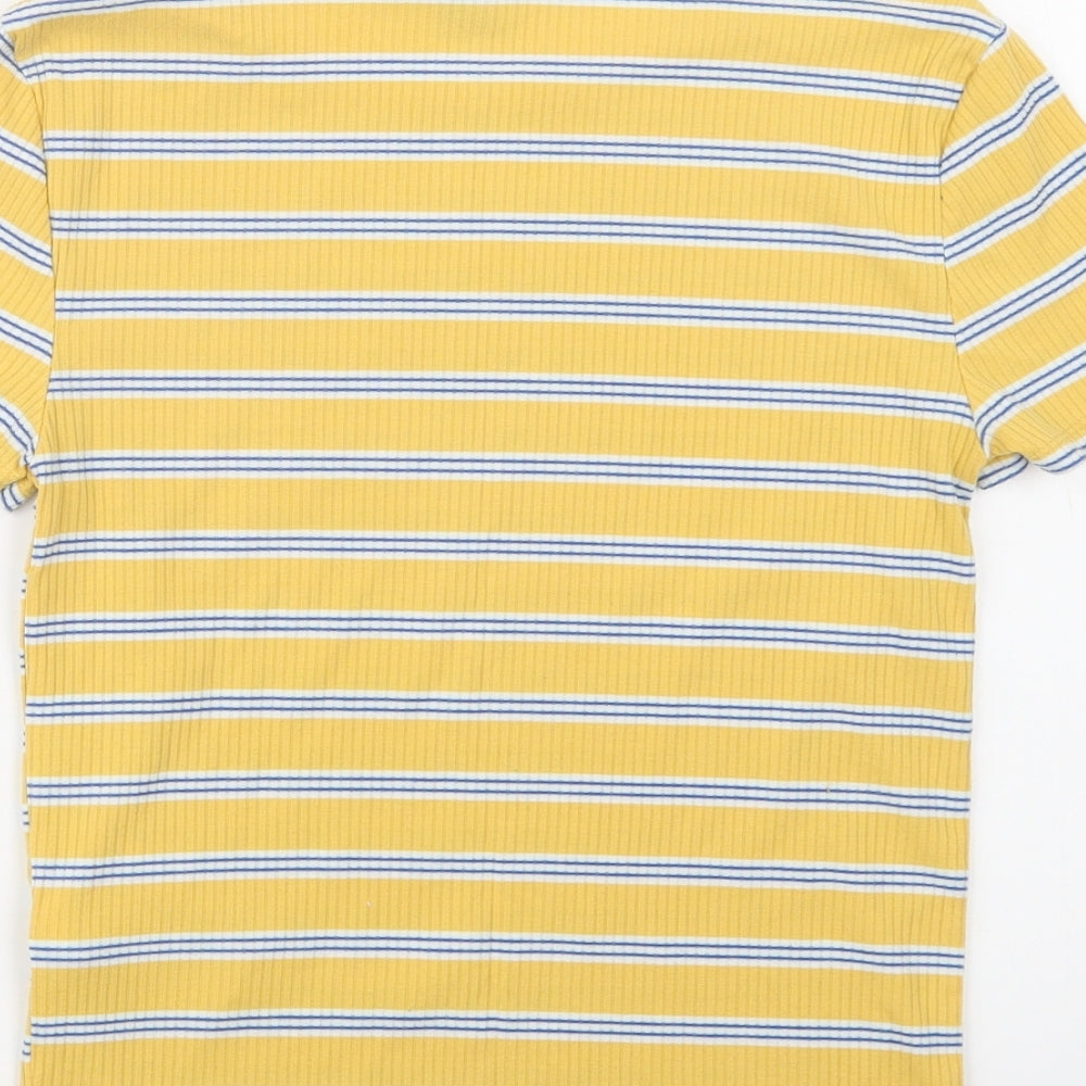 New Look Womens Yellow Striped Polyester Basic Blouse Size 10 Crew Neck