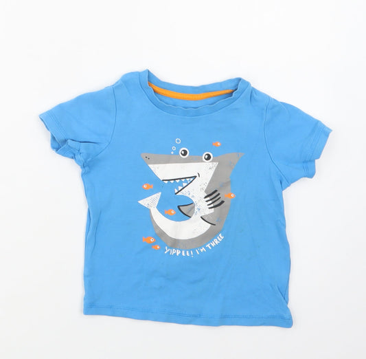 George Girls Blue  Cotton Basic T-Shirt Size 3-4 Years Crew Neck  - Shark