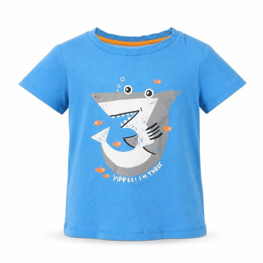 George Girls Blue  Cotton Basic T-Shirt Size 3-4 Years Crew Neck  - Shark