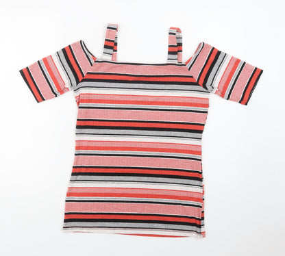 Preloved Papaya Womens Red Striped Polyester Basic Blouse Size 12 Square Neck - Front