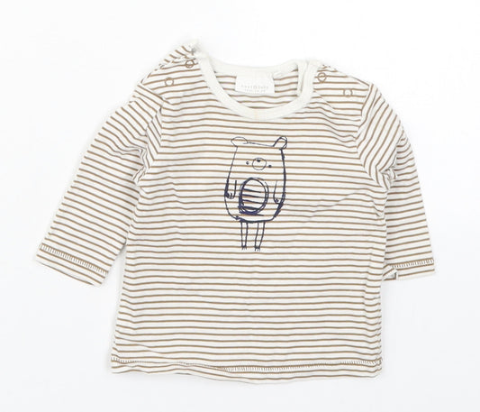 NEXT Boys Brown Striped Cotton Basic T-Shirt Size 0-3 Months Round Neck Button - Bear