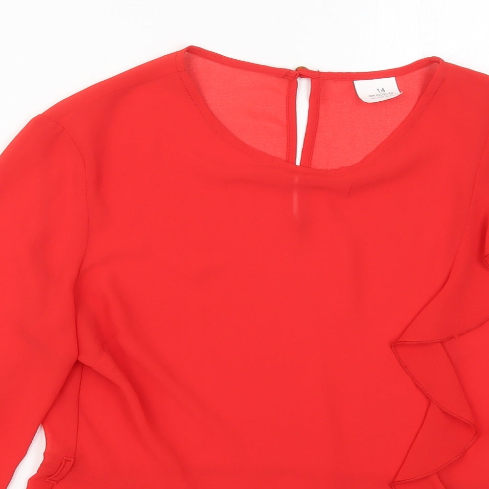 Preworn Womens Red  Polyester Basic Blouse Size 14 Round Neck