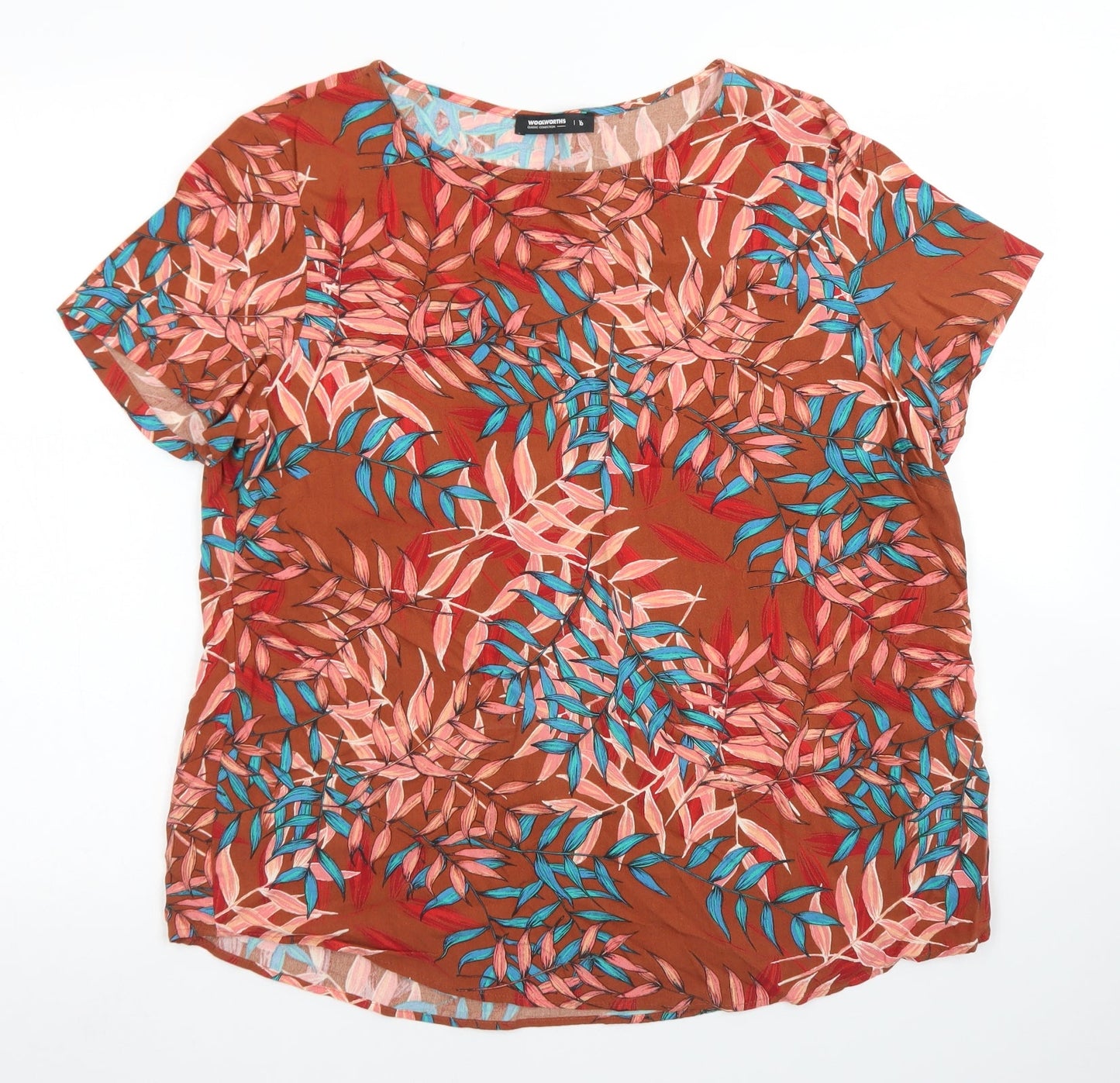 Woolworths Womens Brown Floral Viscose Basic Blouse Size 16 Round Neck