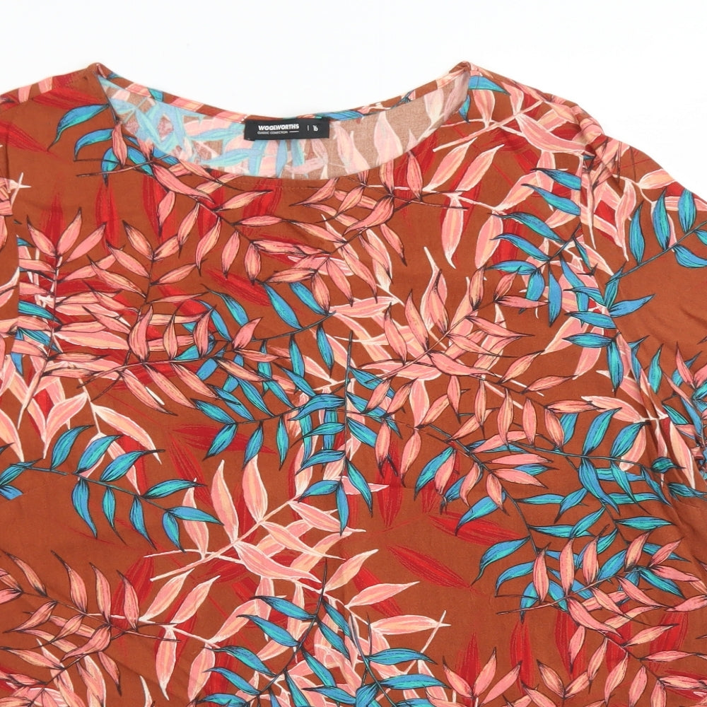 Woolworths Womens Brown Floral Viscose Basic Blouse Size 16 Round Neck