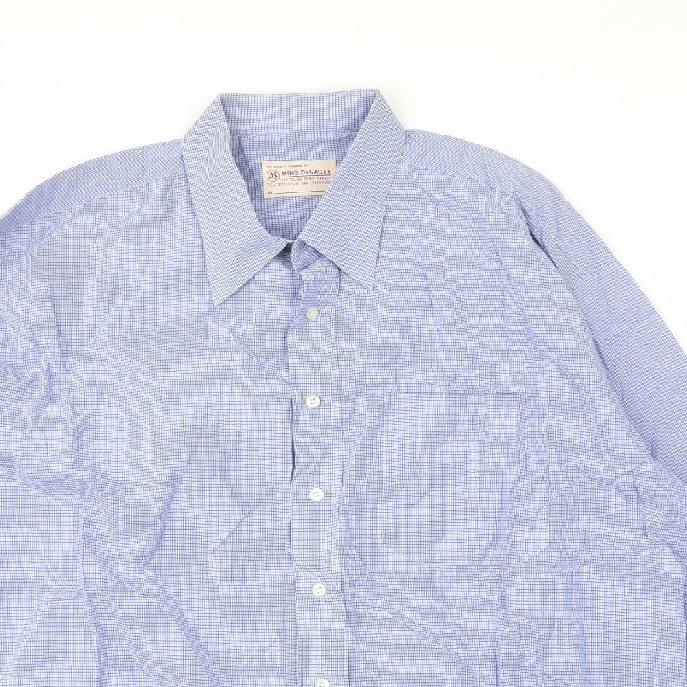 Ming Dynasty Mens Blue Check Cotton  Button-Up Size XL Collared Button