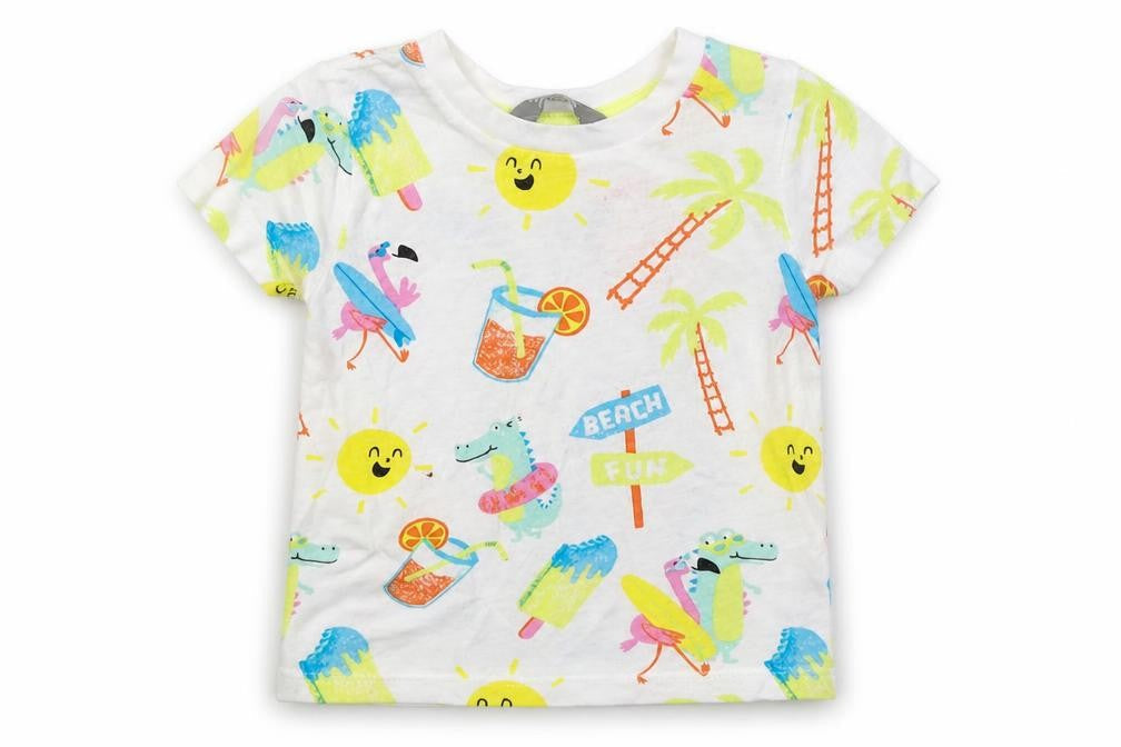 Primark Girls White Geometric Cotton Basic T-Shirt Size 18-24 Months Crew Neck Pullover - beach print