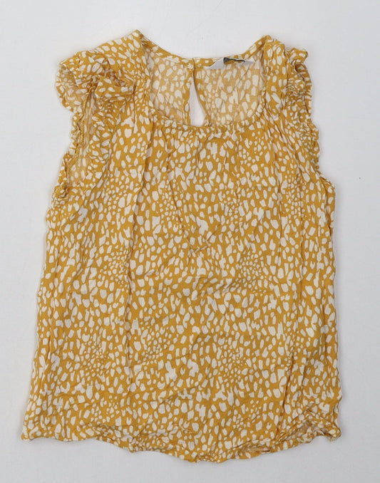 Primark Girls Yellow Animal Print Viscose Basic T-Shirt Size 7-8 Years Crew Neck Button - frill arms