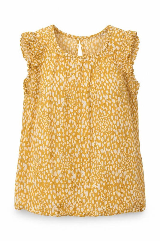 Primark Girls Yellow Animal Print Viscose Basic T-Shirt Size 7-8 Years Crew Neck Button - frill arms