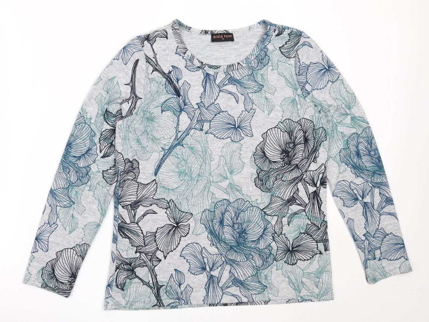 Anna Rose Womens Grey Round Neck Floral Polyester Pullover Jumper Size M