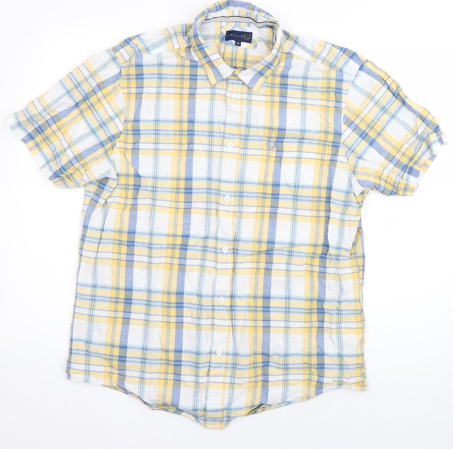 Lincoln Mens Yellow Plaid Cotton  Button-Up Size M Collared Button