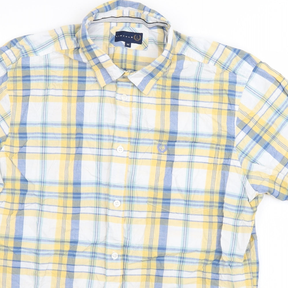 Lincoln Mens Yellow Plaid Cotton  Button-Up Size M Collared Button