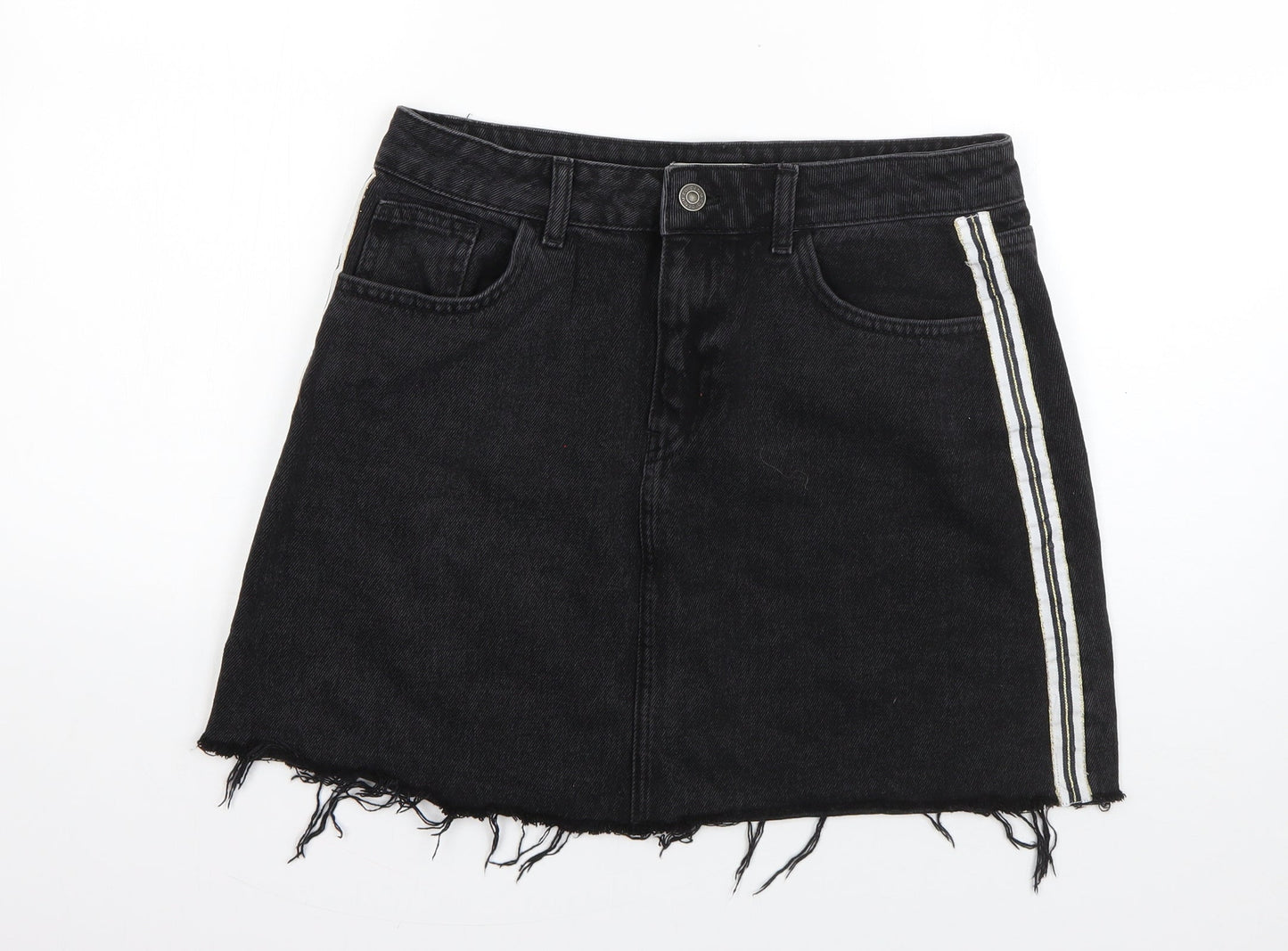 Denim & Co. Womens Black Striped Cotton A-Line Skirt Size 12   Button