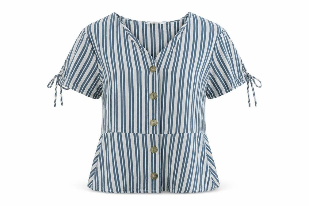 Springfield Womens Blue Striped Cotton Blend Basic Blouse Size 12 V-Neck