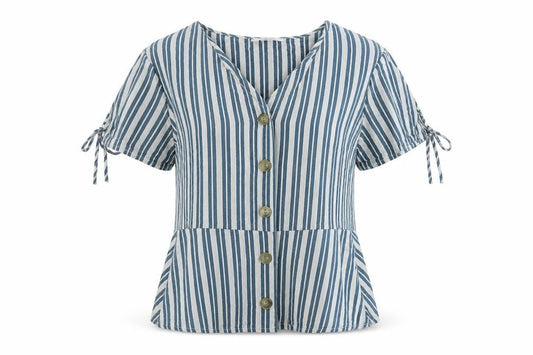 Springfield Womens Blue Striped Cotton Blend Basic Blouse Size 12 V-Neck