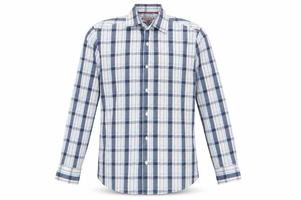 Avenue Mens Blue Check Cotton  Button-Up Size S Collared Button