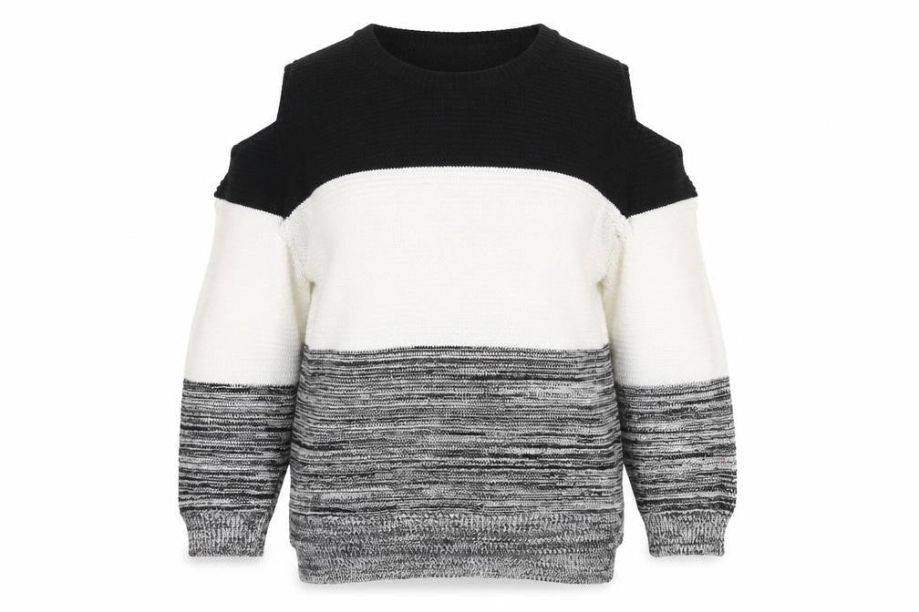 Primark Womens Grey Round Neck Striped Acrylic Pullover Jumper Size M   - Cut out Sleeves