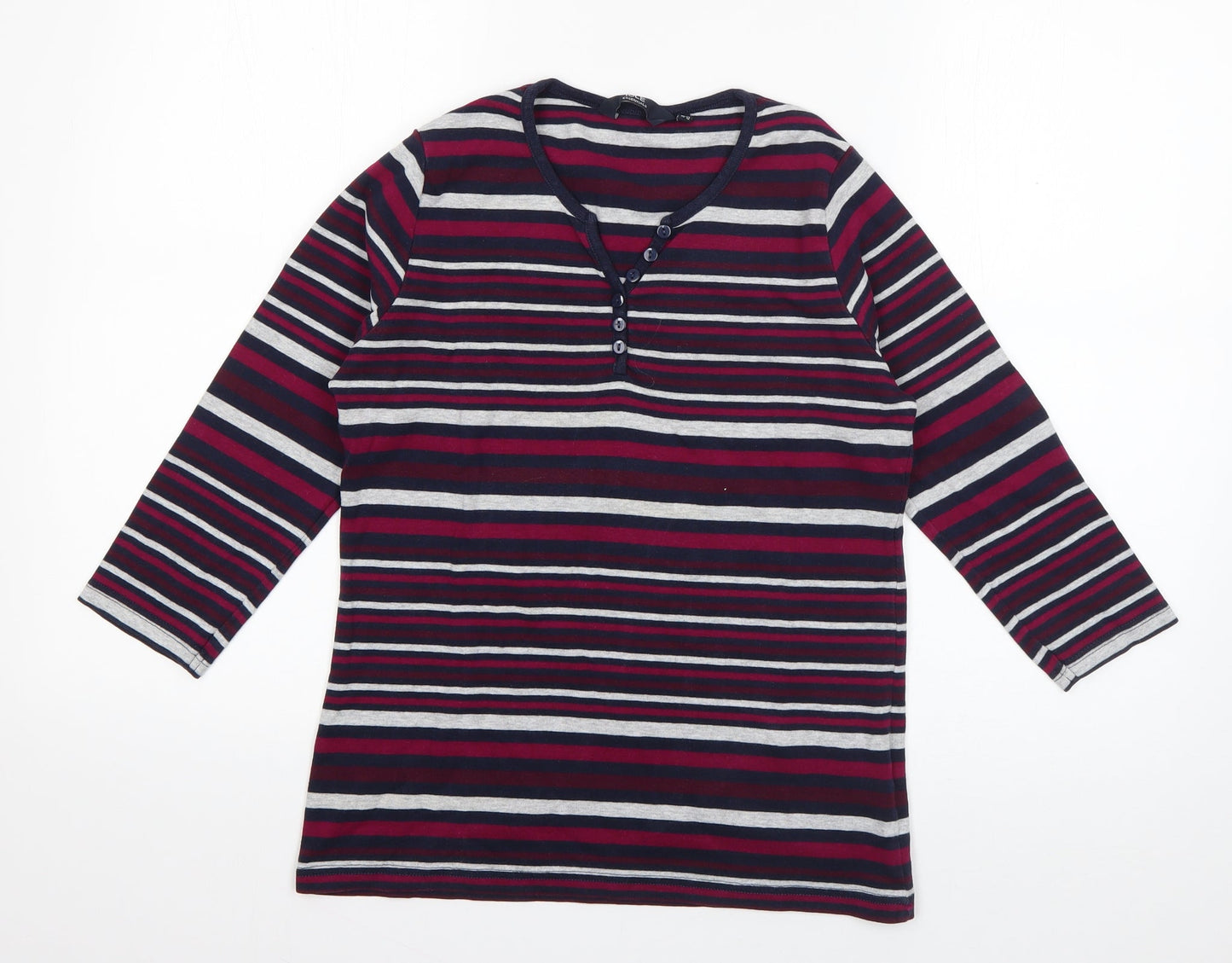 Isle Womens Pink Striped Cotton Basic T-Shirt Size 10 V-Neck