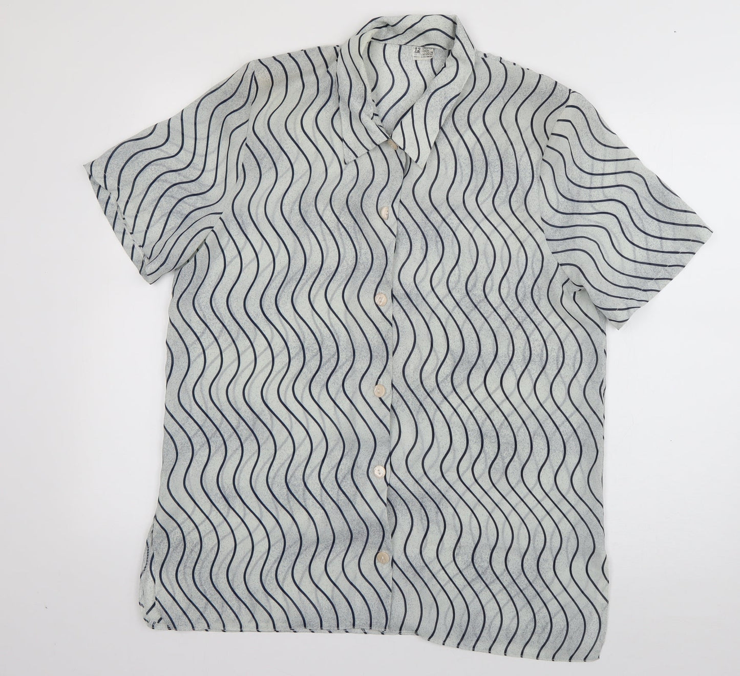 Preworn Womens Grey Striped Polyester Basic Blouse Size 12 Collared
