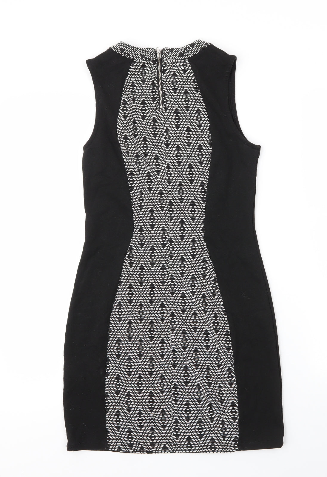 H&M Womens Black Argyle/Diamond Cotton Sheath  Size 6  Round Neck Zip
