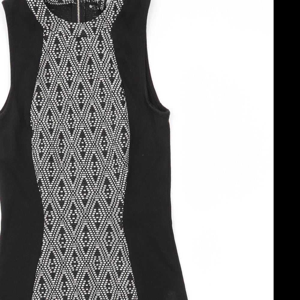 H&M Womens Black Argyle/Diamond Cotton Sheath  Size 6  Round Neck Zip