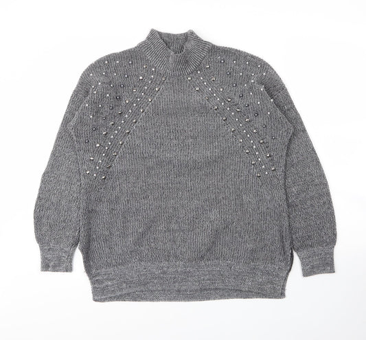 Together Womens Grey Mock Neck  Acrylic Pullover Jumper Size M
