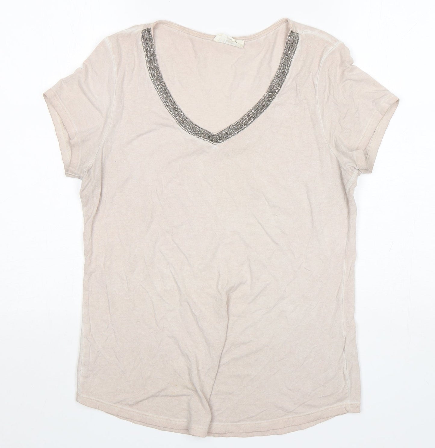 Nine Womens Beige  Cotton Basic T-Shirt Size 12 V-Neck