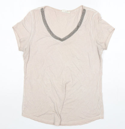 Preloved Nine Womens Beige  Cotton Basic T-Shirt Size 12 V-Neck - Front