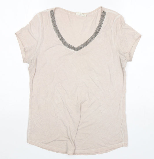 Nine Womens Beige  Cotton Basic T-Shirt Size 12 V-Neck