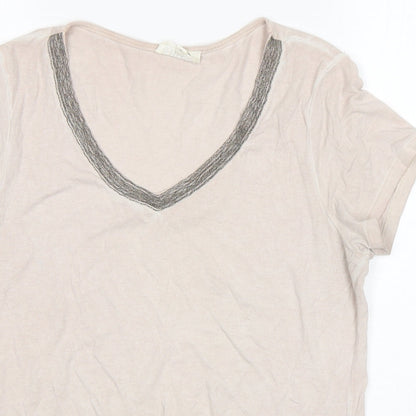 Preloved Nine Womens Beige  Cotton Basic T-Shirt Size 12 V-Neck - Detail