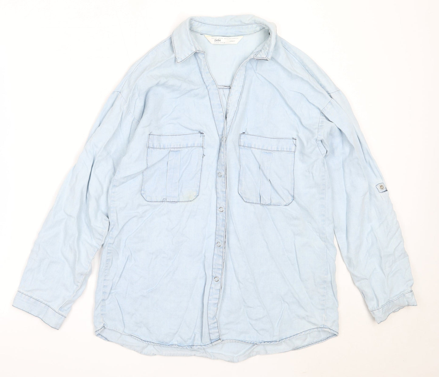 Zara Womens Blue  Lyocell Basic Button-Up Size XS Collared