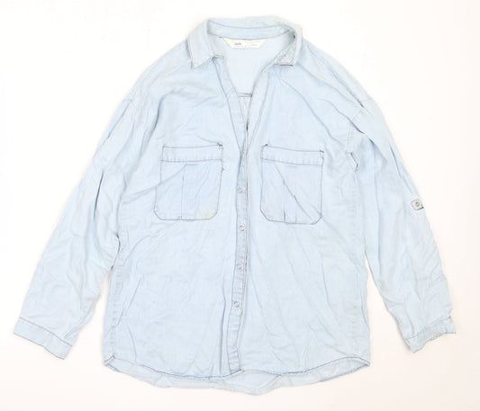 Zara Womens Blue  Lyocell Basic Button-Up Size XS Collared