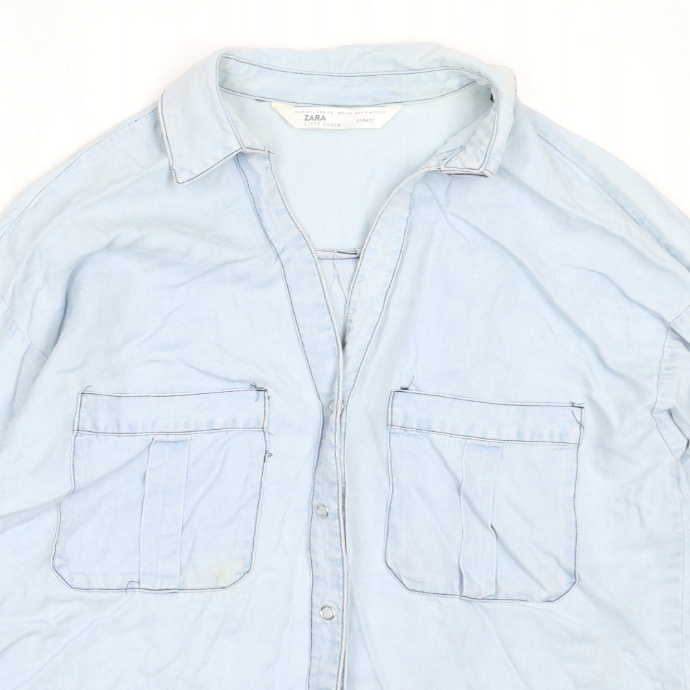 Zara Womens Blue  Lyocell Basic Button-Up Size XS Collared