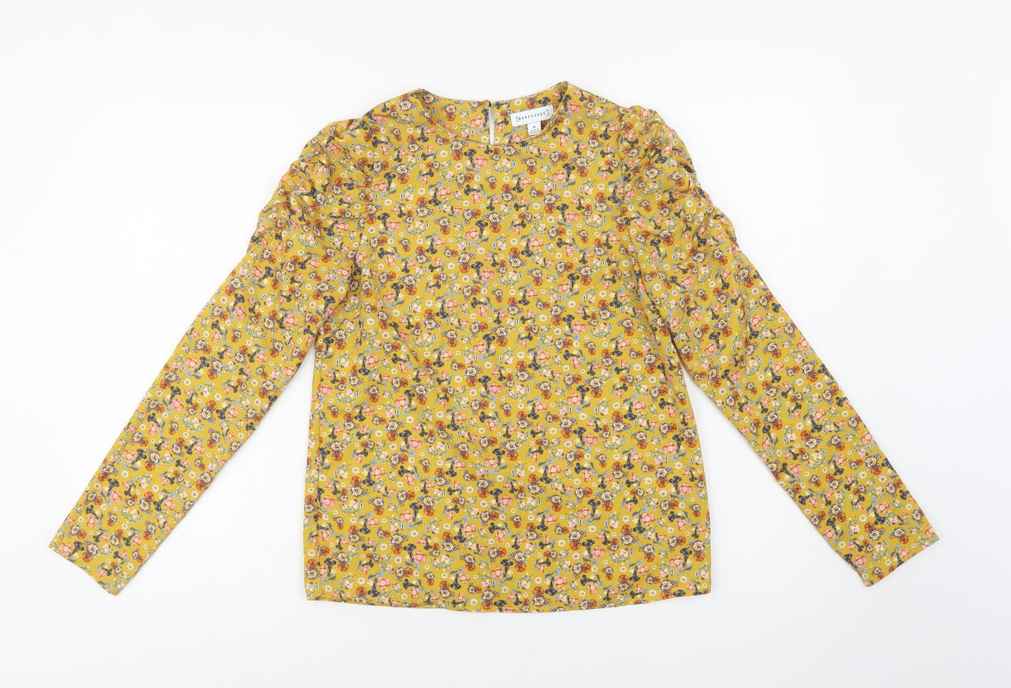 Warehouse Womens Yellow Floral Polyester Basic Blouse Size 6 Round Neck