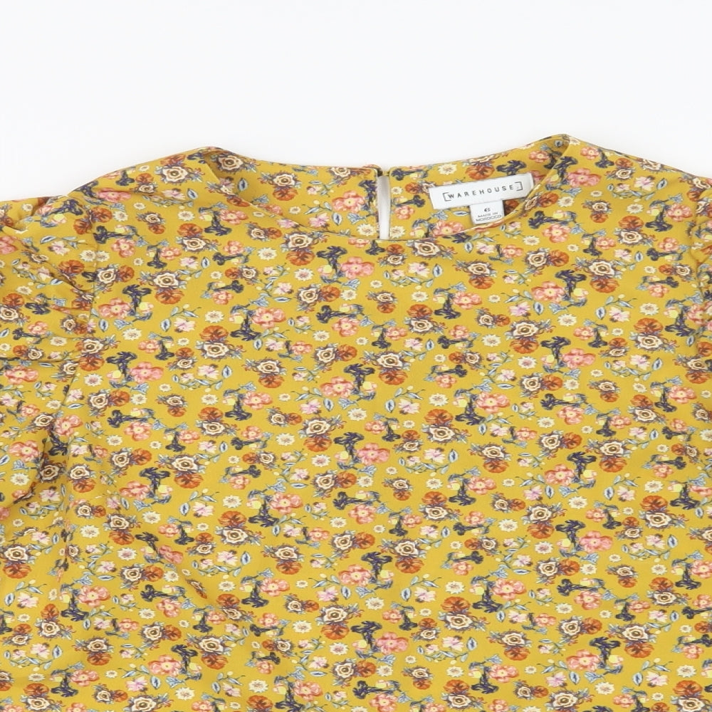 Warehouse Womens Yellow Floral Polyester Basic Blouse Size 6 Round Neck