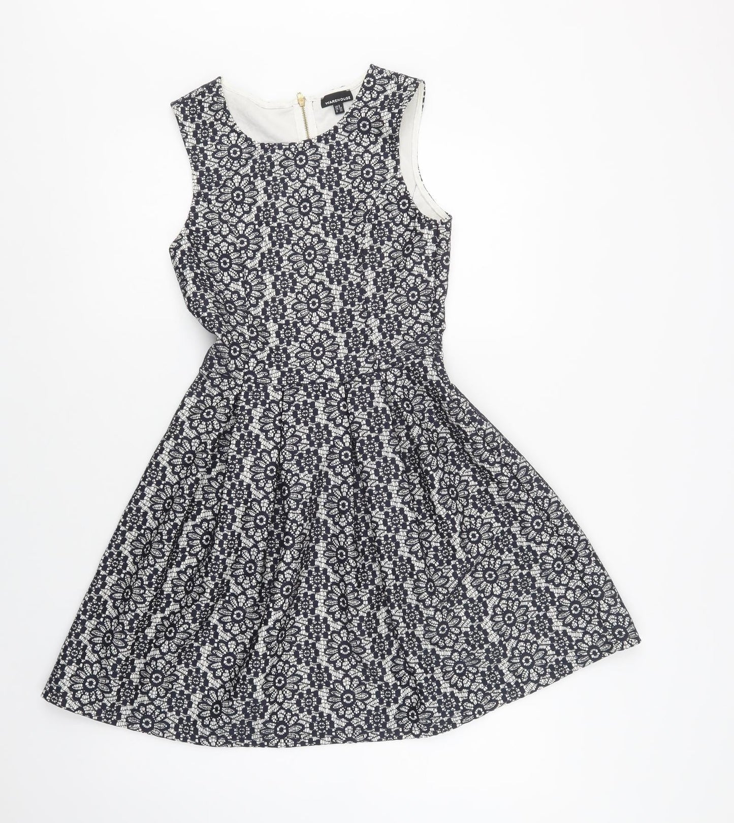 Warehouse Womens Blue Floral Polyester Fit & Flare  Size 6  Round Neck Zip - Lace Overlay