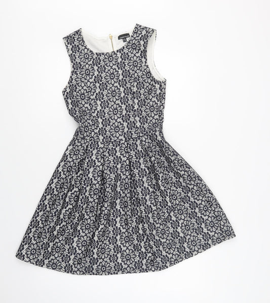 Warehouse Womens Blue Floral Polyester Fit & Flare  Size 6  Round Neck Zip - Lace Overlay