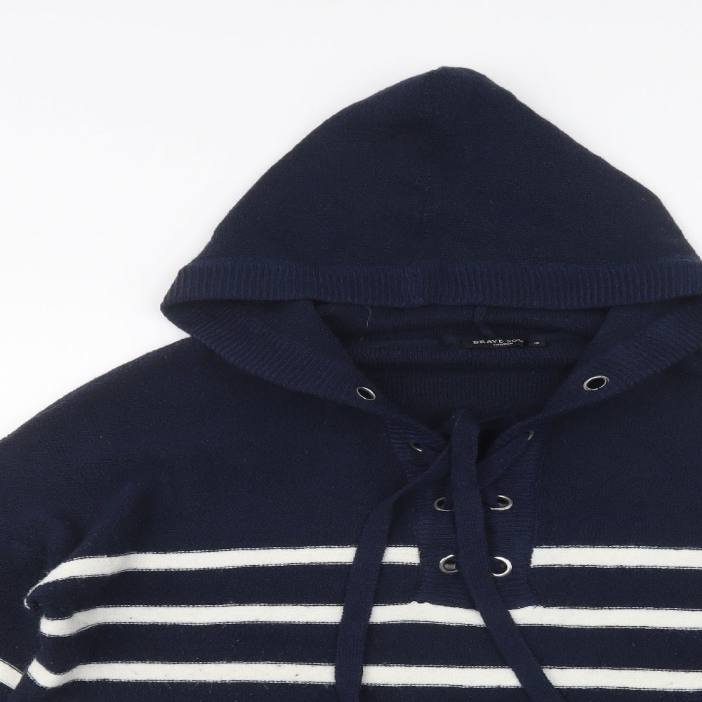 Brave Soul Womens Blue High Neck Striped Acrylic Pullover Jumper Size L