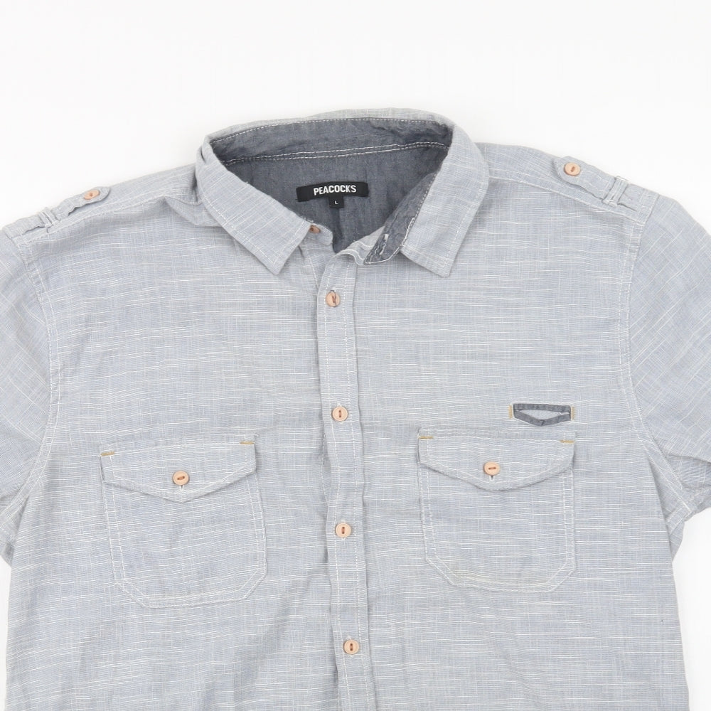 Peacocks Mens Blue  Polyester  Button-Up Size L Collared Button