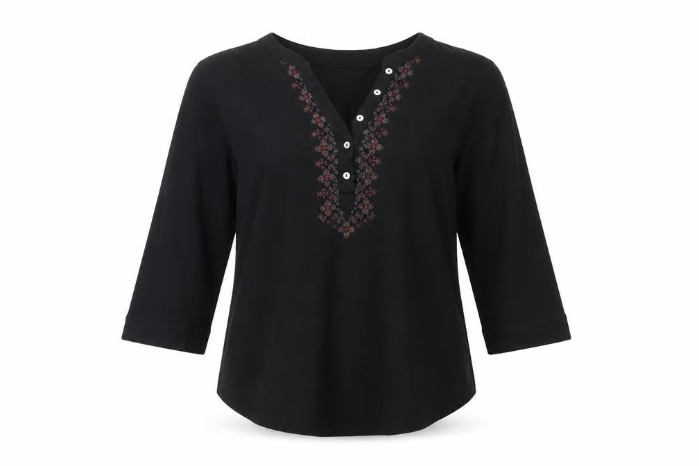 bonprix Womens Black Geometric Cotton Basic Blouse Size M V-Neck