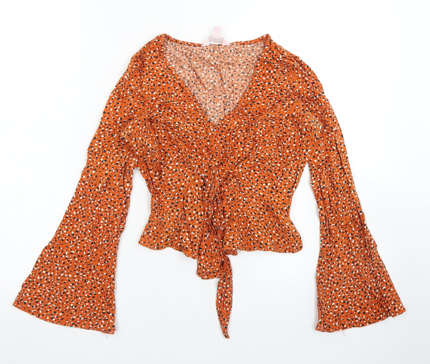 Miss Selfridge Womens Brown Animal Print Viscose Cropped Blouse Size 4 V-Neck - Flare sleeve