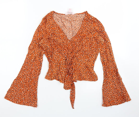 Miss Selfridge Womens Brown Animal Print Viscose Cropped Blouse Size 4 V-Neck - Flare sleeve