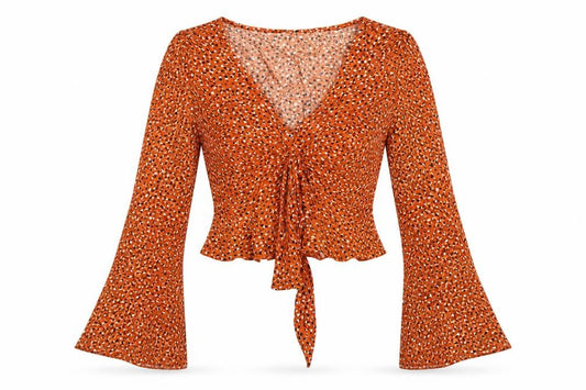 Miss Selfridge Womens Brown Animal Print Viscose Cropped Blouse Size 4 V-Neck - Flare sleeve