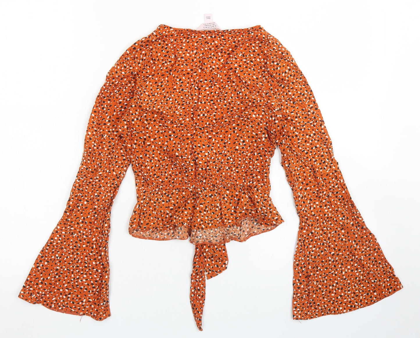 Miss Selfridge Womens Brown Animal Print Viscose Cropped Blouse Size 4 V-Neck - Flare sleeve