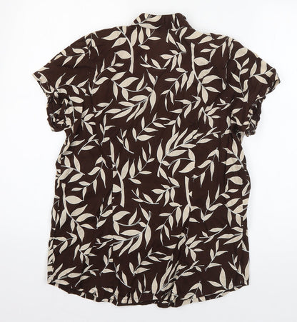 Evie Womens Brown Floral Cotton Basic Button-Up Size 12 V-Neck