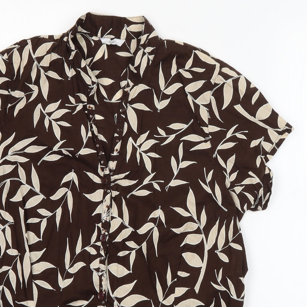 Evie Womens Brown Floral Cotton Basic Button-Up Size 12 V-Neck