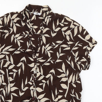 Evie Womens Brown Floral Cotton Basic Button-Up Size 12 V-Neck